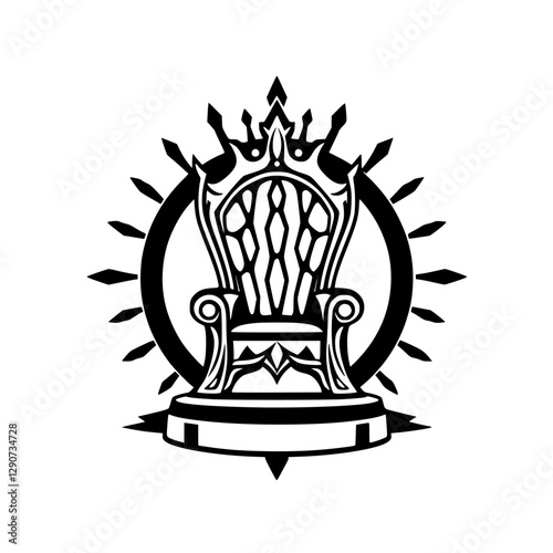 Black and White Throne: A regal, stylized image of a throne with a crown and a circular burst, symbolic of power and authority.