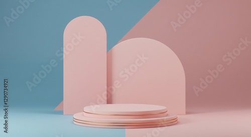 a central circular podium in a soft pink color, set against a backdrop with contrasting blue and pink hues.