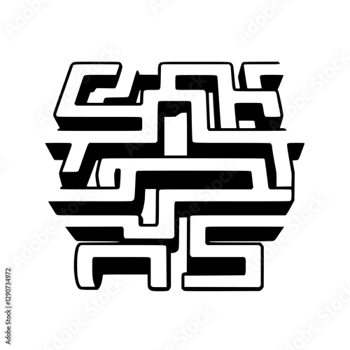 Abstract Black and White Labyrinth: Intricate design of 3D-effect maze in a bold, geometric style on white background.