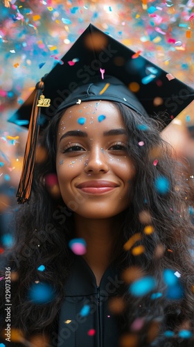 Graduation Celebration With Confetti and a Happy Graduate Smiling in a Cap an...