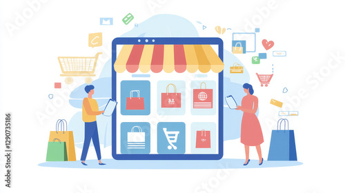 People tiny character use mobile phone application for online shopping, internet web store flat vector illustration, isolated on white.