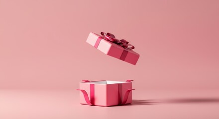 Floating open pink gift box with ribbon on soft pink background