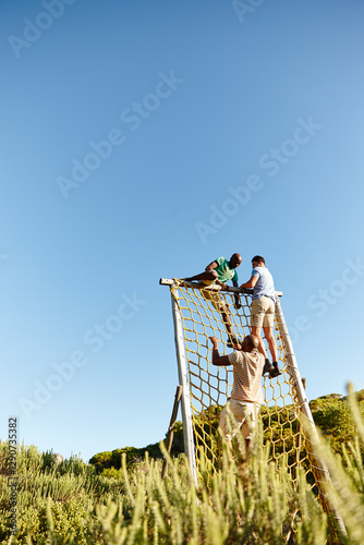 Obraz na plátně Space, obstacle or people climbing in bootcamp for workout, endurance exercise or challenge
