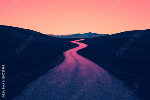 Curvy road leads through picturesque hills at sunset, creating a stunning landscape view.