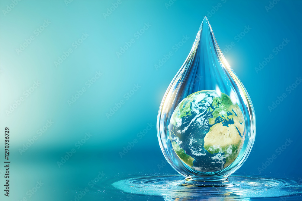 Obraz premium A sleek water droplet with a miniature Earth inside, placed against a futuristic blue background.