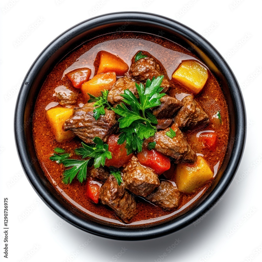 A single, detailed Hungarian goulash, on a pure white background, highlighting its natural imperfections with professional studio lighting, featuring tender beef and paprika-rich broth. A single, detailed Hungarian goulash, on a pure white background, highlighting its natural imperfections with professional studio lighting, featuring tender beef and paprika-rich broth.