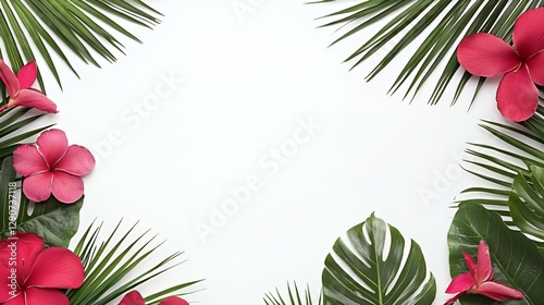 Vibrant Red Tropical Flowers and Green Leaves Frame on White Background