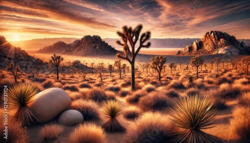 Joshua trees and yucca plants growing in joshua tree national park at sunset photo