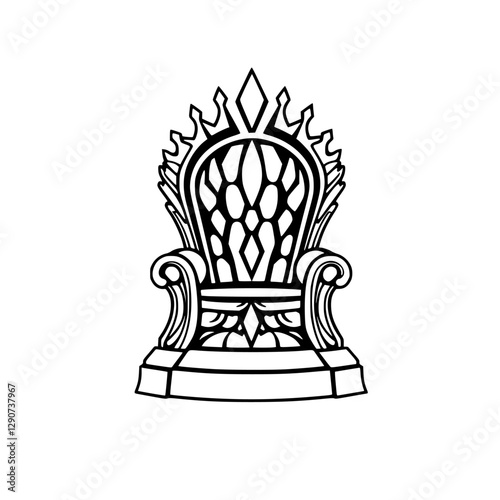 A black and white vector illustration of a regal, ornate throne featuring a crown-like appearance and unique details.