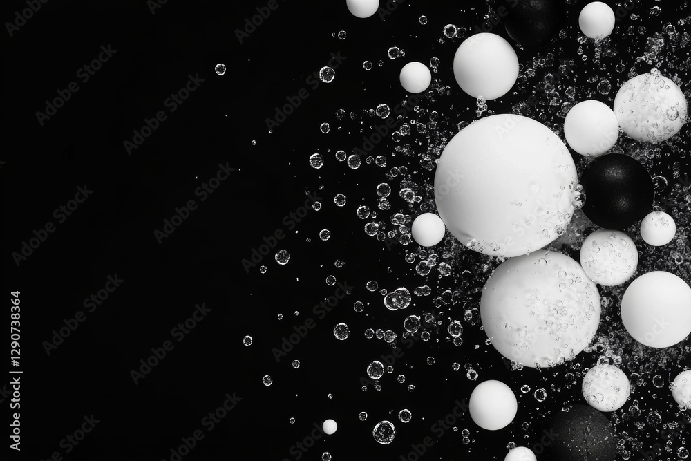 Exploration of black and white spheres amidst floating bubbles