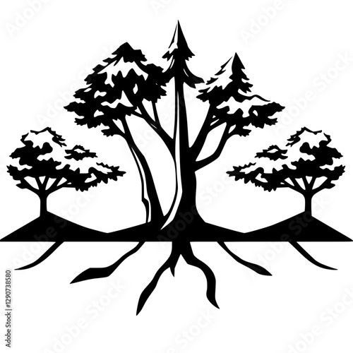 [Silhouette of three trees with roots exposed over a black background]