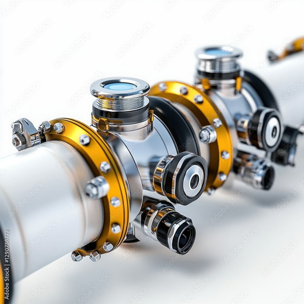 A single, detailed oil pipeline leak detection system, on a pure white background, highlighting its natural imperfections with professional studio lighting, showcasing its advanced technology.