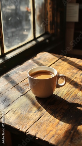 Warm Coffee Cup on Rustic Wooden Table by Sunlight in a Cozy Corner of a Cafe