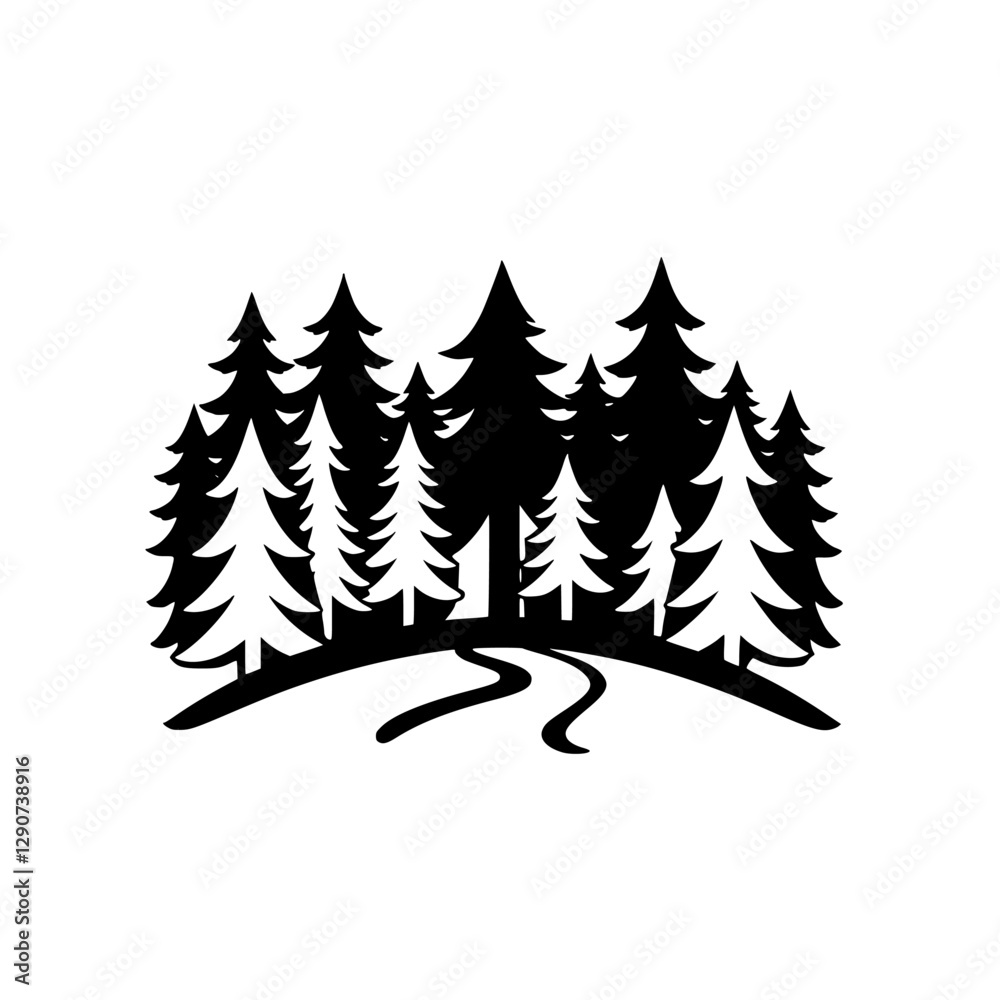 Obraz premium Black and white silhouette illustration depicting a forest with tall trees and a winding road.