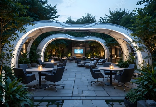 Futuristic outdoor coworking space with ergonomic furniture, surrounded by lush greenery, ambient evening lighting, and a seamless hybrid work experience 