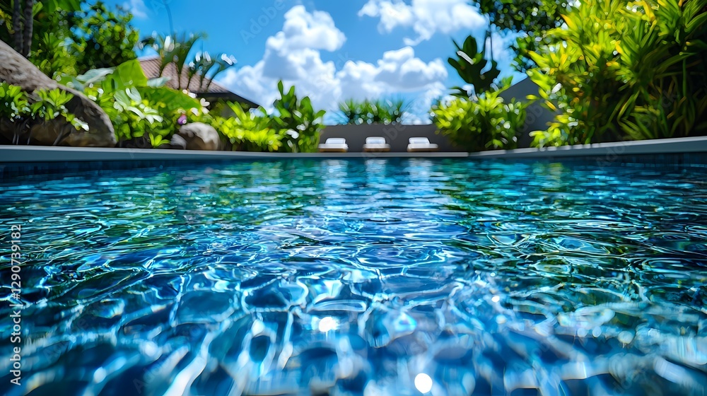 The sparkling swimming pool outside the modern villa The sparkling swimming pool outside the modern villa