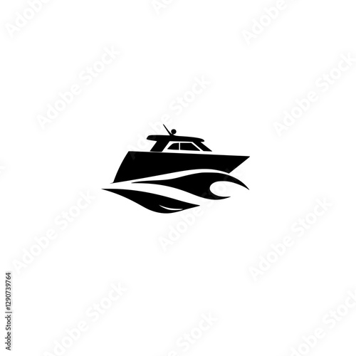 Minimalist, black and white depiction of a sleek boat moving across wavy water