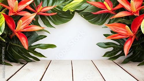 Vibrant Red Tropical Flowers and Lush Green Leaves on White Background with Wooden Floor