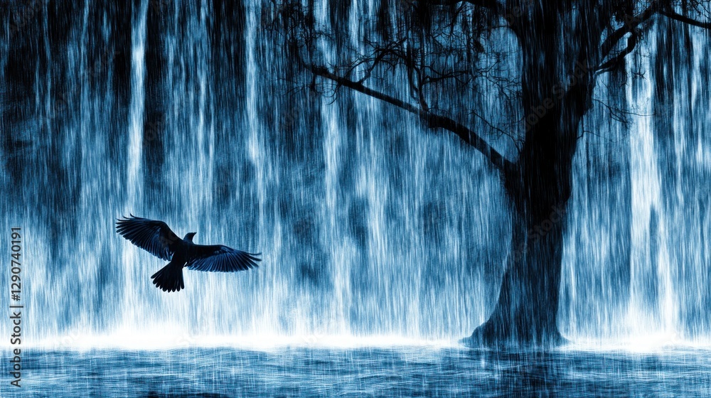 Fototapeta premium Bird flying near waterfall, tree, serene nature scene