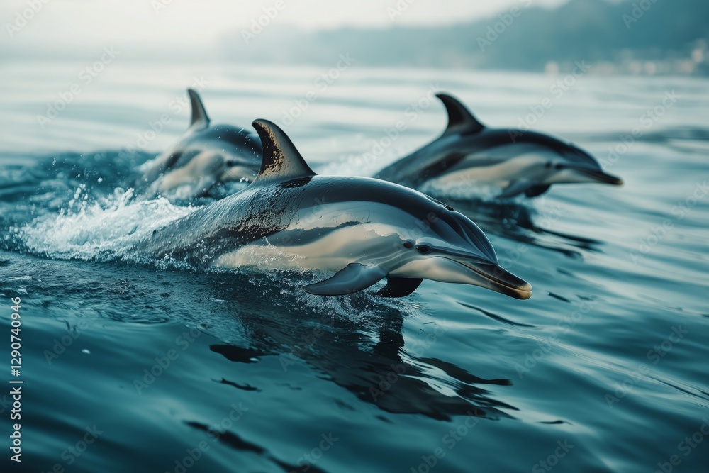 Fototapeta premium Dolphins Swimming in Clear Ocean Waters Showcasing Playful Behavior During Sunset Hours