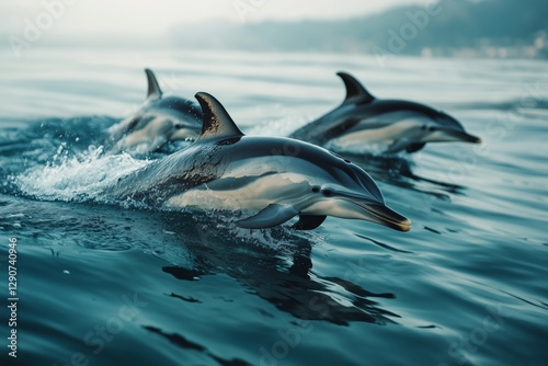 Dolphins Swimming in Clear Ocean Waters Showcasing Playful Behavior During Su...