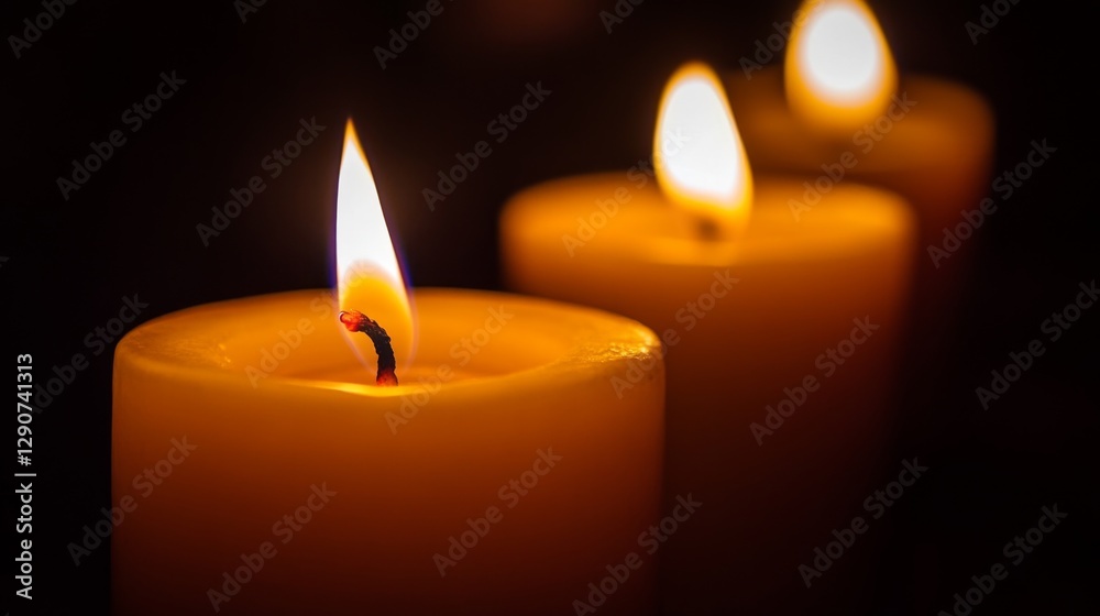 A mesmerizing close-up of flickering candle flames against a dark background, casting warm, dancing shadows that create an intimate and cozy atmosphere A mesmerizing close-up of flickering candle flames against a dark background, casting warm, dancing shadows that create an intimate and cozy atmosphere