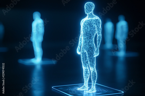 Futuristic holographic human figures glowing in a digital space.