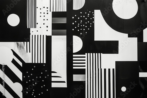 Abstract Black and White Pattern With Geometric Shapes and Textures on a Wall...