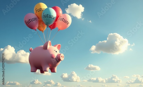 Flying Piggy Bank A piggy bank with balloons labeled Future floating in the sky 