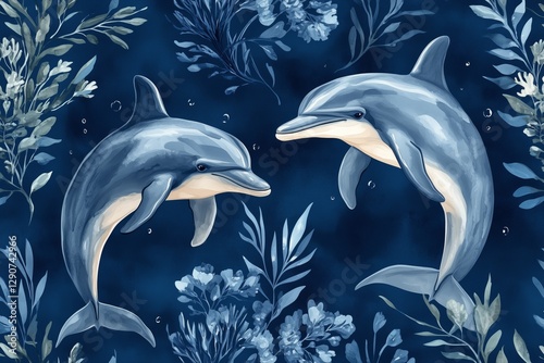 Dolphins Swimming Gracefully Among Blue Floral Patterns in an Underwater Setting