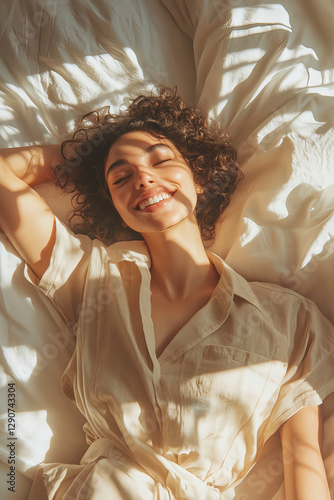 Woman waking up happy in bed, sunlight