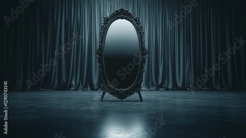 Dark reflection in an ornate mirror set against a curtain backdrop