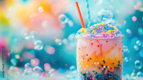 Artistic Bubble Tea Topped with Colorful Sprinkles Against a Whimsical Background photo