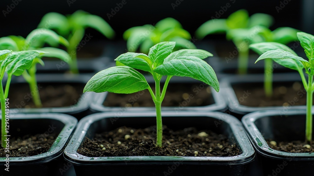 Seedlings growing in pots, spring planting, agriculture Seedlings growing in pots, spring planting, agriculture
