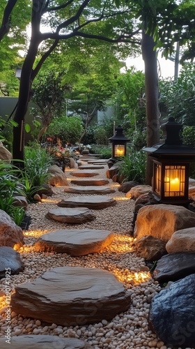 Serene Garden Pathway Illuminated by Lanterns in a Tranquil Setting of Rocks ...