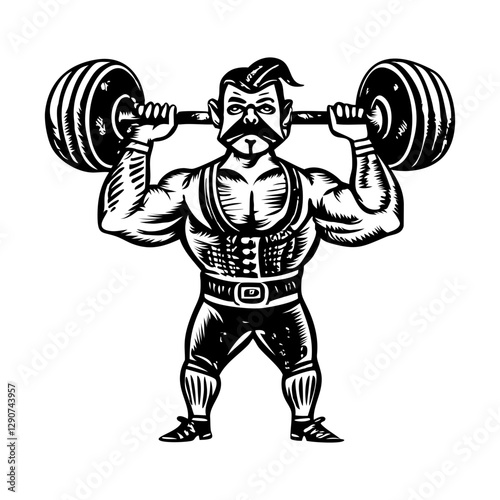 Strongman lifting heavy barbell, vintage style illustration