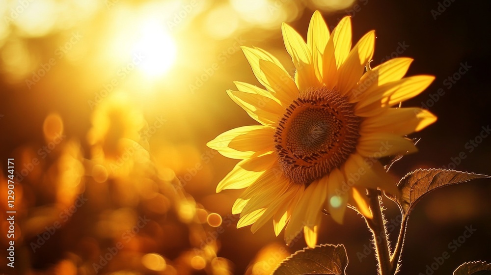Naklejka premium A serene image of sunflowers swaying gently in the breeze during golden hour, with warm sunlight illuminating the petals and creating a dreamy atmosphere