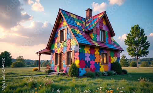 Puzzle House A house made from colorful puzzle pieces fitting together 