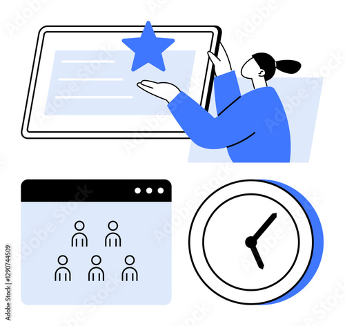 Woman pointing to a star on a digital interface. Below, icons depict team collaboration and a clock. Ideal for productivity, teamwork, scheduling, goals, online meetings, project planning abstract