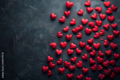 Red Hearts Scattered on a Dark Surface for Romantic Celebrations and Decorations