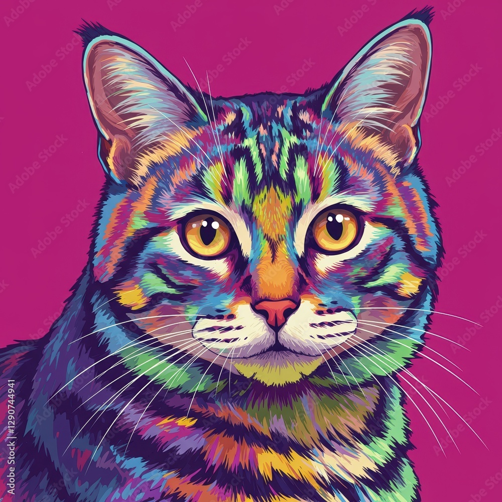 Fototapeta premium Vibrant Pop Art Cat Illustration with Bold Colors on Pink Background, Perfect for Modern Decor and Cat Lovers