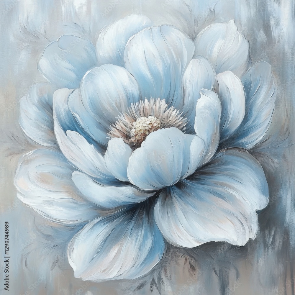 Obraz premium Elegant floral painting of a large blue and white peony with delicate brushstrokes, creating a soft and dreamy artistic composition. Copy space