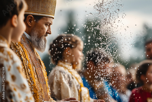 Close-up view of holy water droplets suspended in the air during a ceremonial event with participants dressed in traditional attire celebrating a significant cultural moment