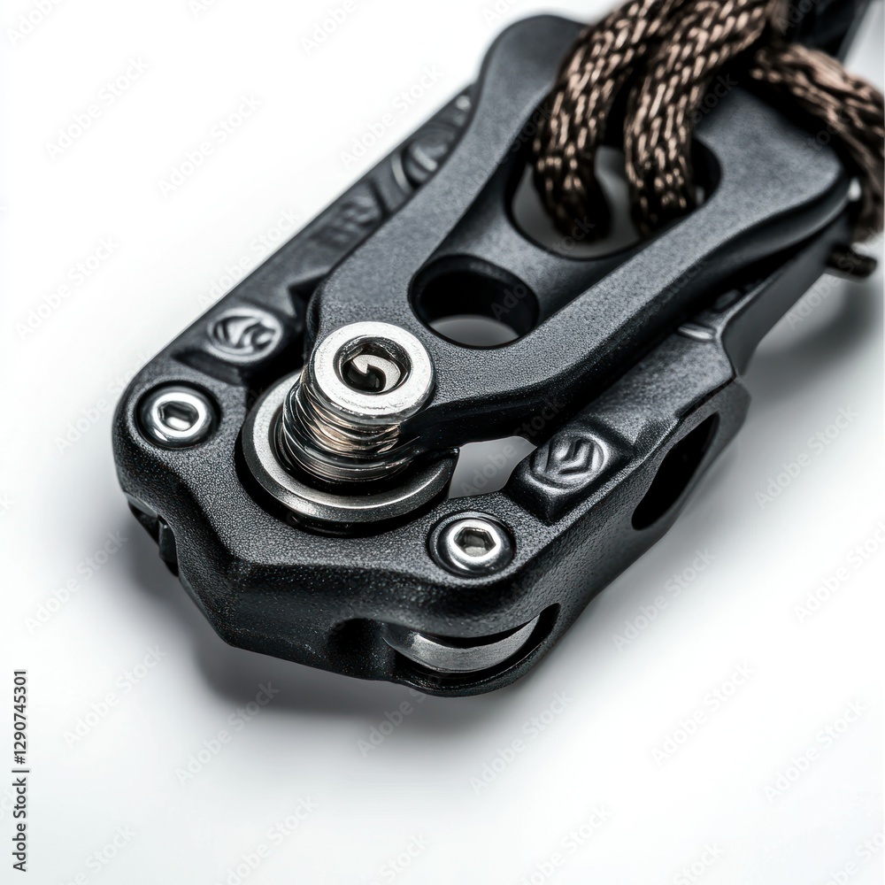 Close-up of a rappel device, captured with clarity and precision, set against a white background for easy integration into designs, showing its friction and safety features.