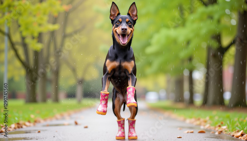 A joyful Doberman in pink rain boots runs along a park path, splashing in puddles on a drizzly spring day
