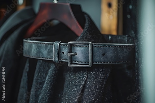 Elegant combination of vintage belt and minimalist clothes hanger