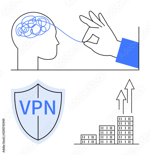 Hand untangling mental chaos, VPN shield ensuring protection, and bar charts with arrows rising. Ideal for cybersecurity, mental clarity, data protection, personal growth, progress tracking, business