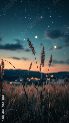 Golden Grass Under a Starry Sky at Dusk With Distant City Lights Illuminating...