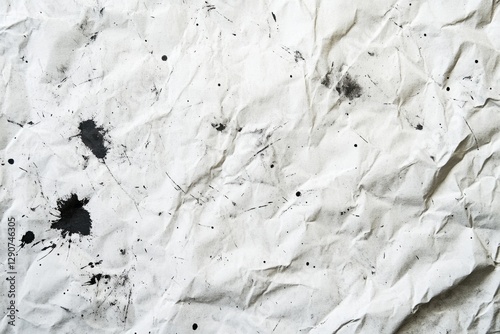 Crumpled paper texture with black paint splatters fills the background for creative projects and artistic expressions