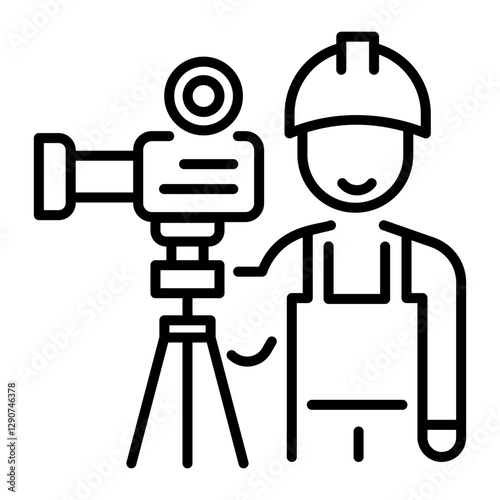 Cameraman character with camera stand, linear icon 
